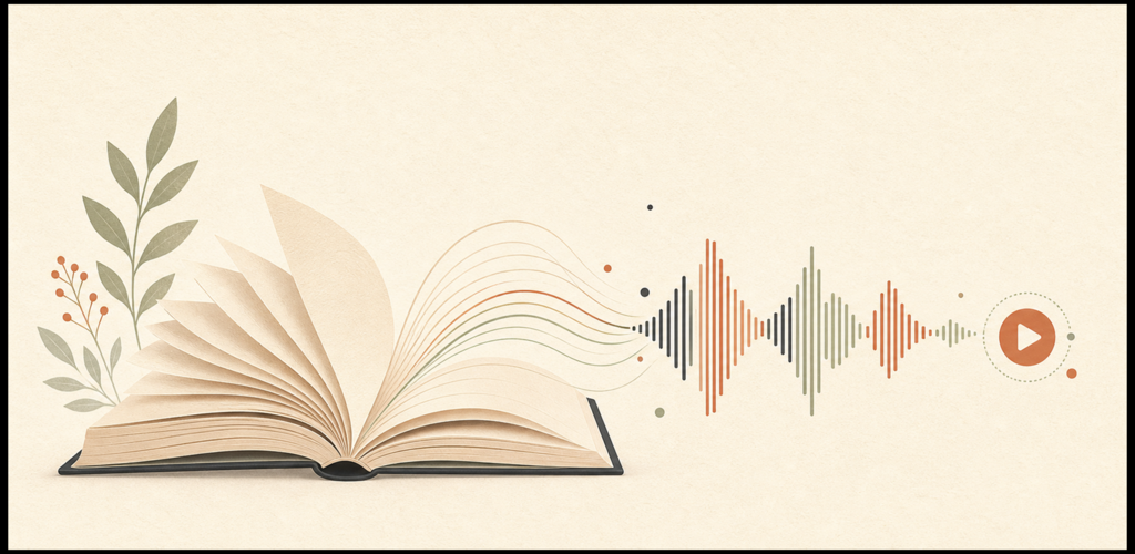 An open book whose pages become an audio waveform